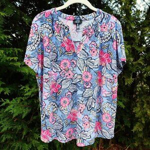 Jones New York Stretchy Dolman Cap Sleeve Floral Print Top